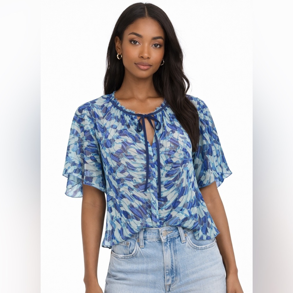 LoveShackFancy Blue Aqua Floral Blouse Tie Neck Flutter Sleeve Feather Top S